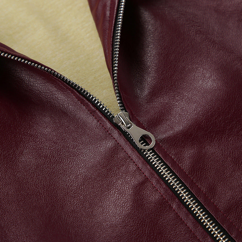 Retro Leather Jacket - Wine Red