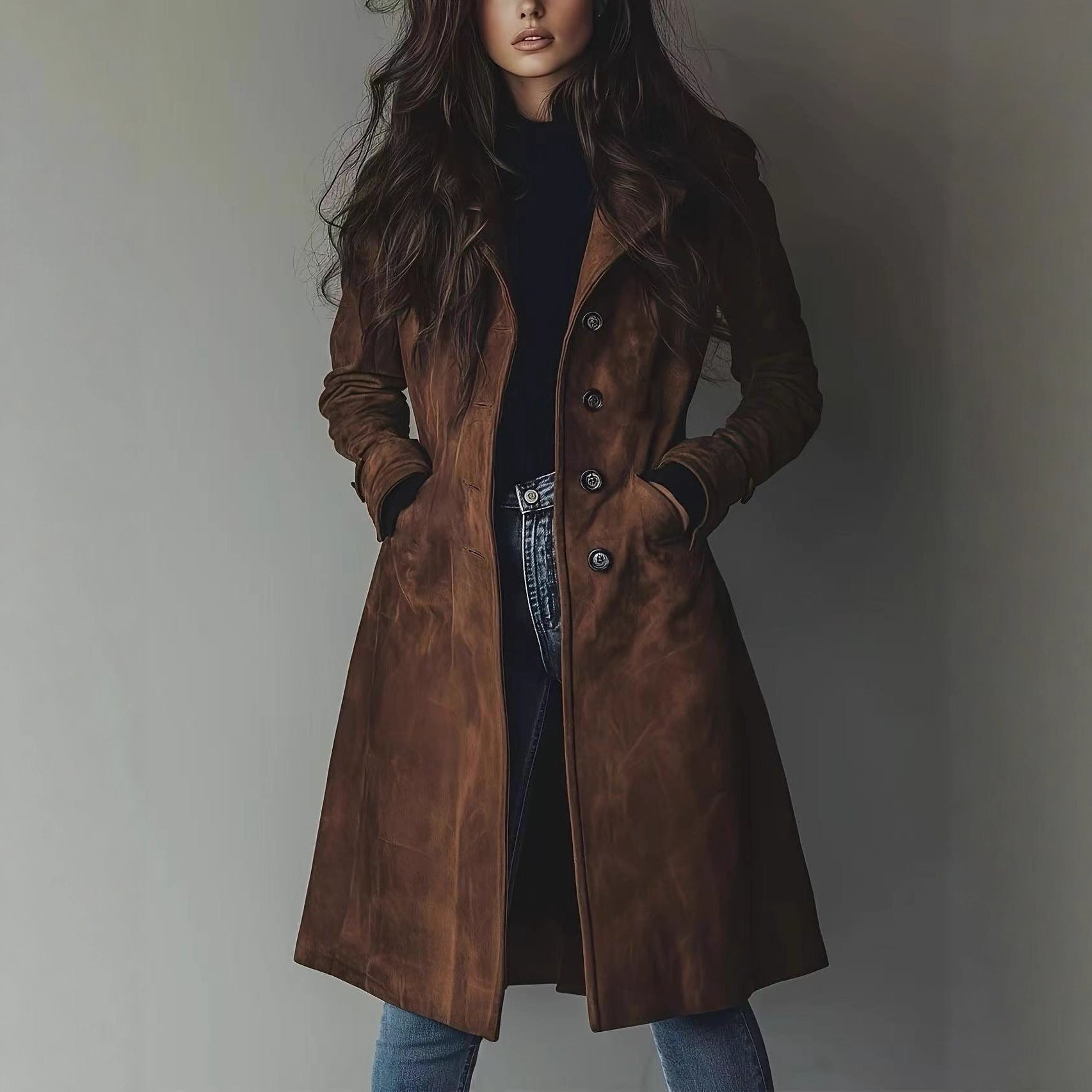 Long Suede Waist-Cinching Jacket – Dark Brown