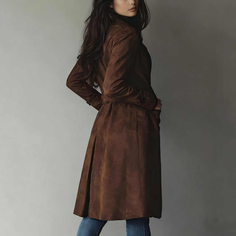 Long Suede Waist-Cinching Jacket – Dark Brown