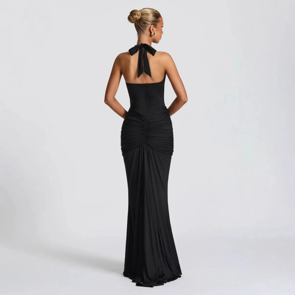 Halter Lace-Up Backless Maxi Dress - Black