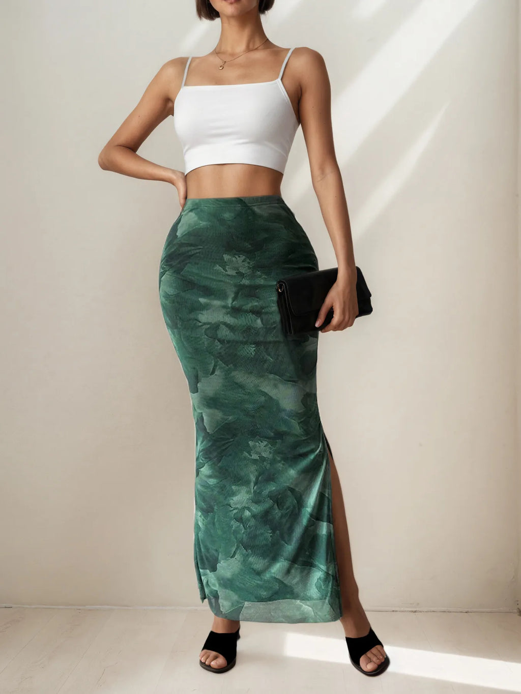 Printed Long Skirt with Side Slit - Green