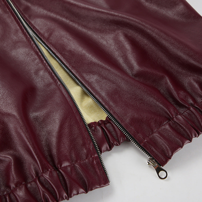 Retro Leather Jacket - Wine Red