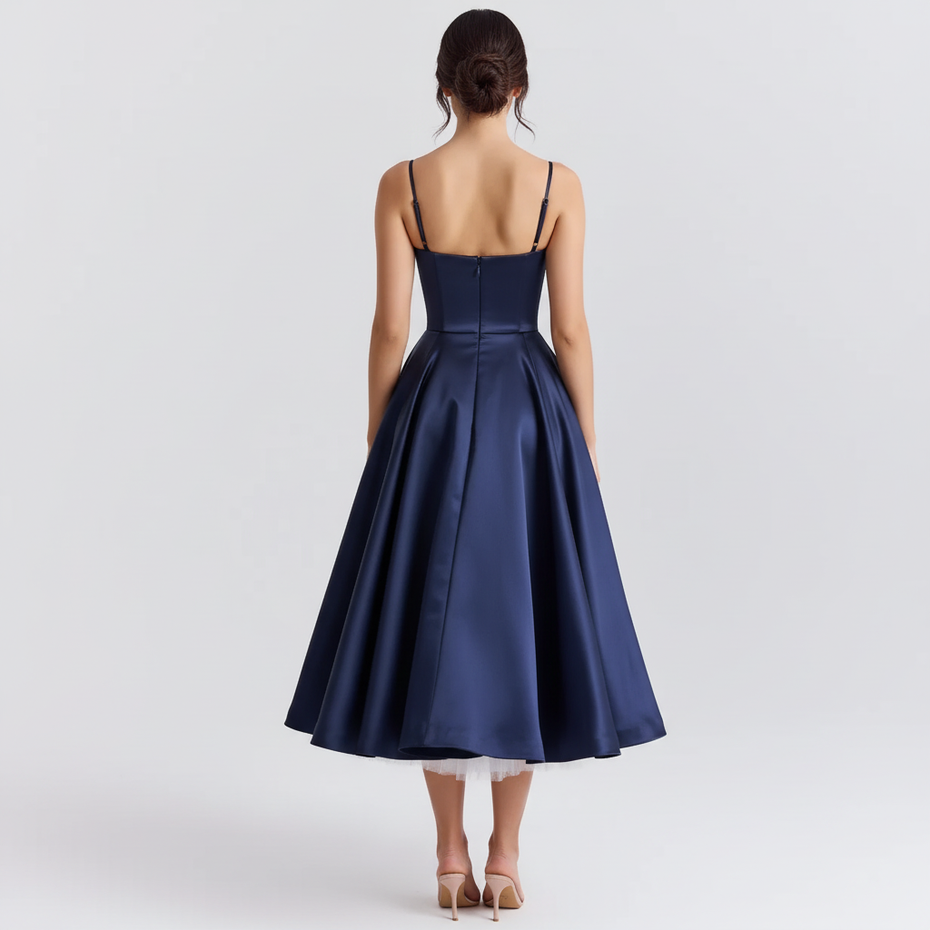Back view - Dark Blue Satin Corset Dress