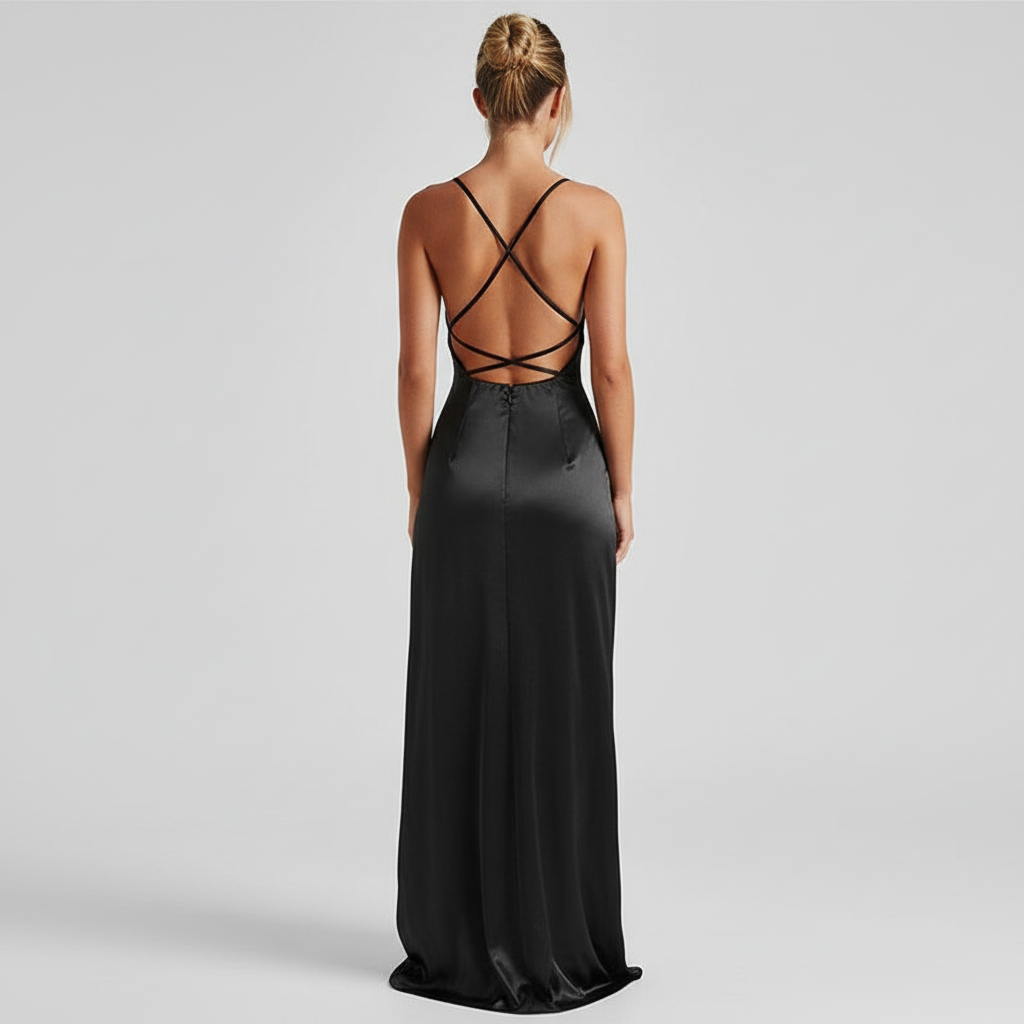 Back view - Elegant Slim-Fit Slip Dress Black