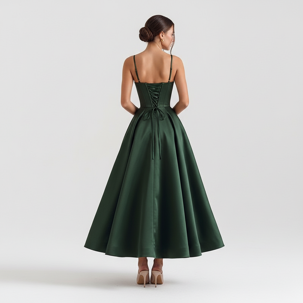 Back view - Forest Green Satin Corset Dress