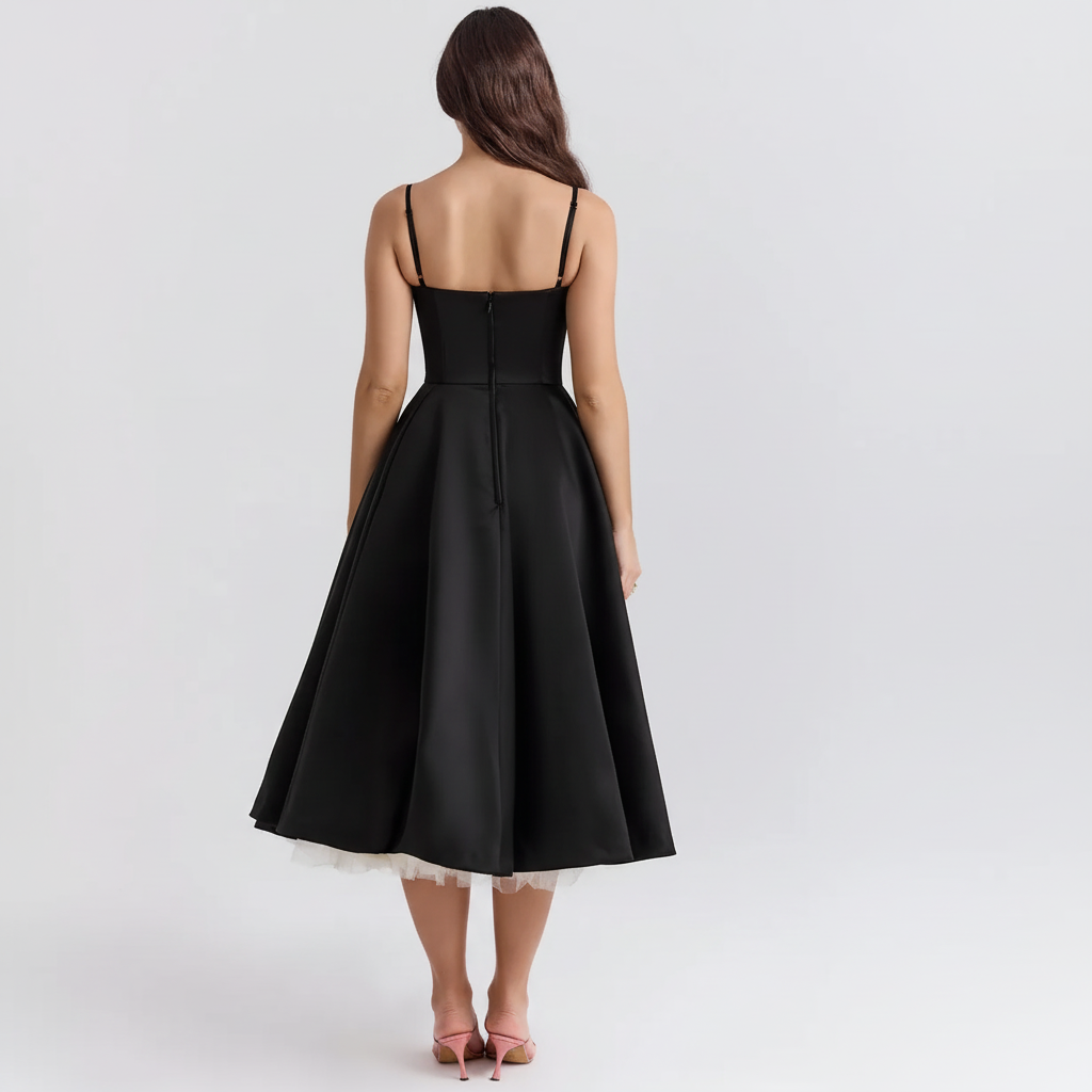 Back view - French-Inspired Satin Fishbone Corset Dress Black