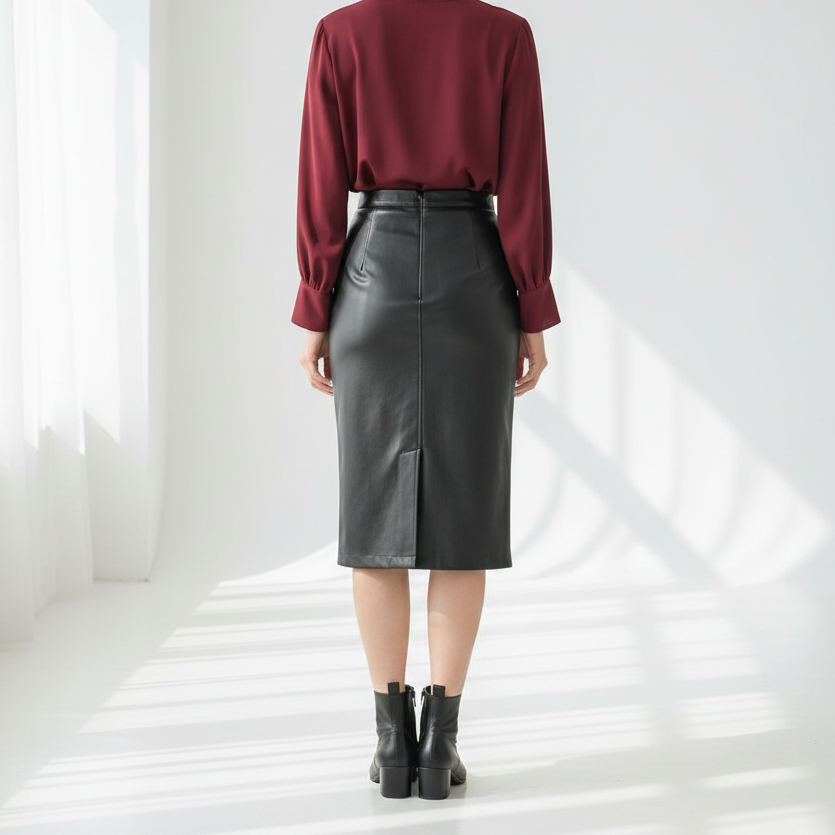 Back view - High-Waist Leather Skirt with Slit Black