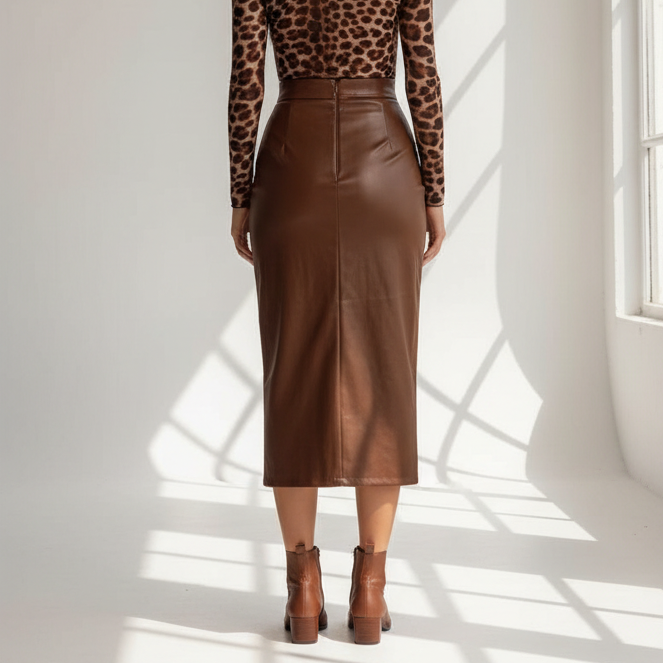 Back view - High-Waist Leather Skirt with Slit Brown
