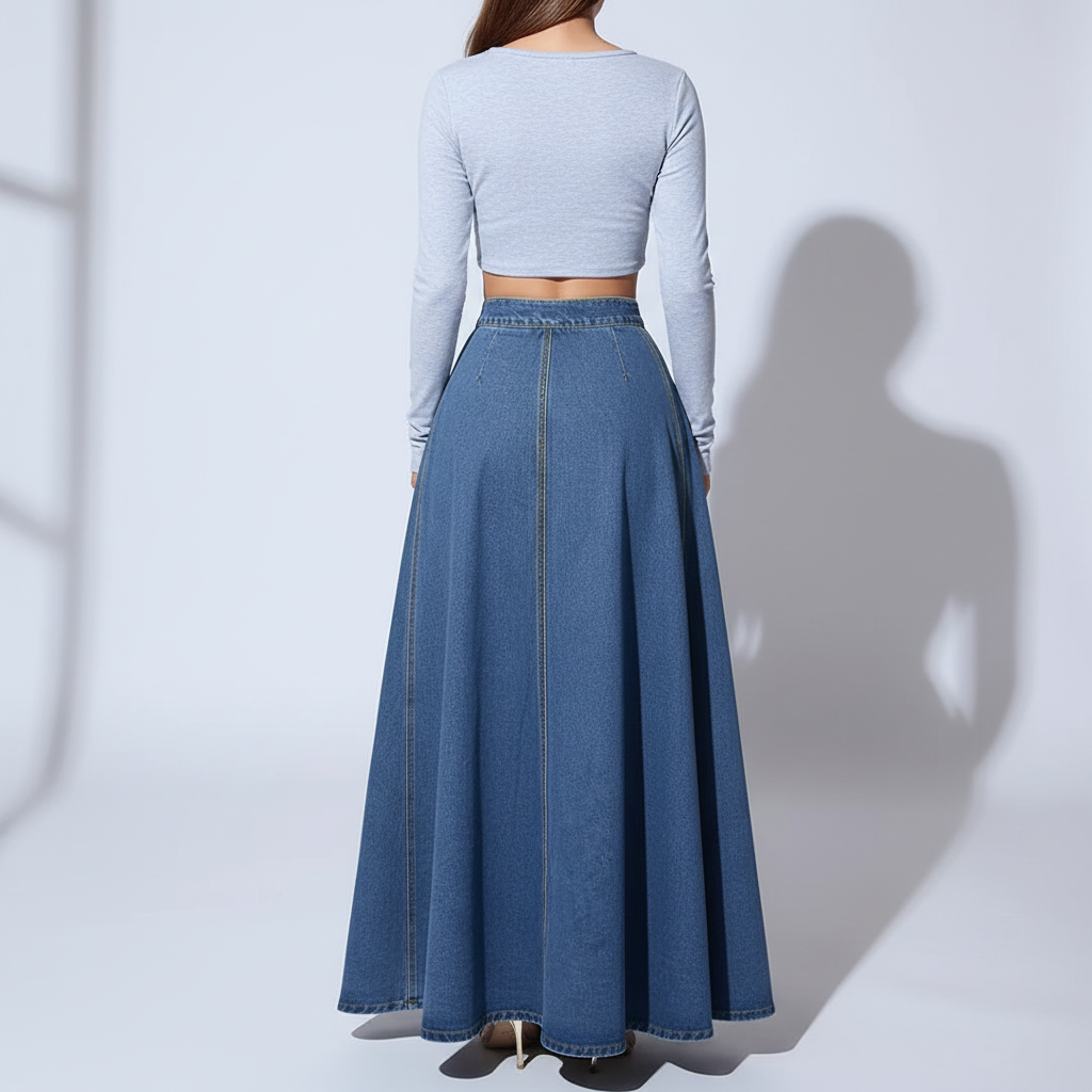 Back view - High-Waisted Denim Skirt Dark Blue