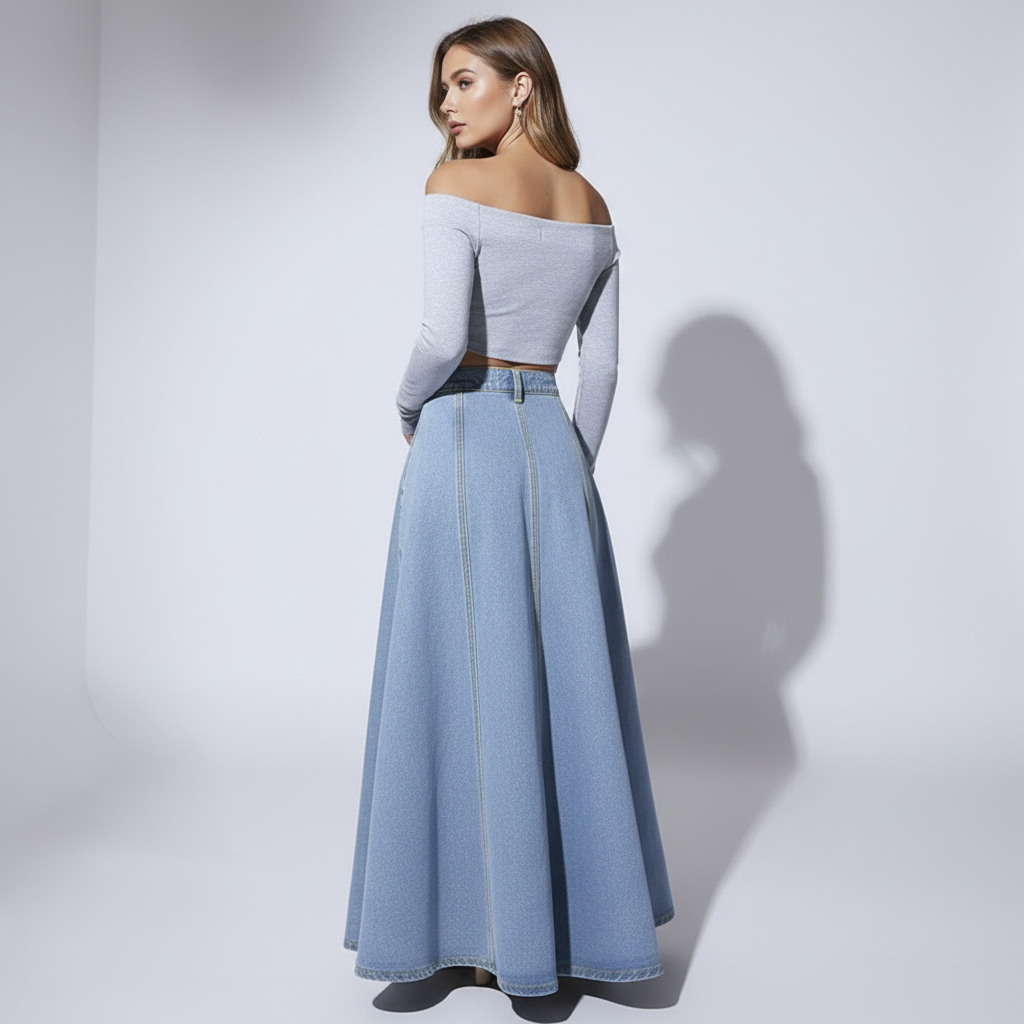 Back view - High-Waisted Denim Skirt