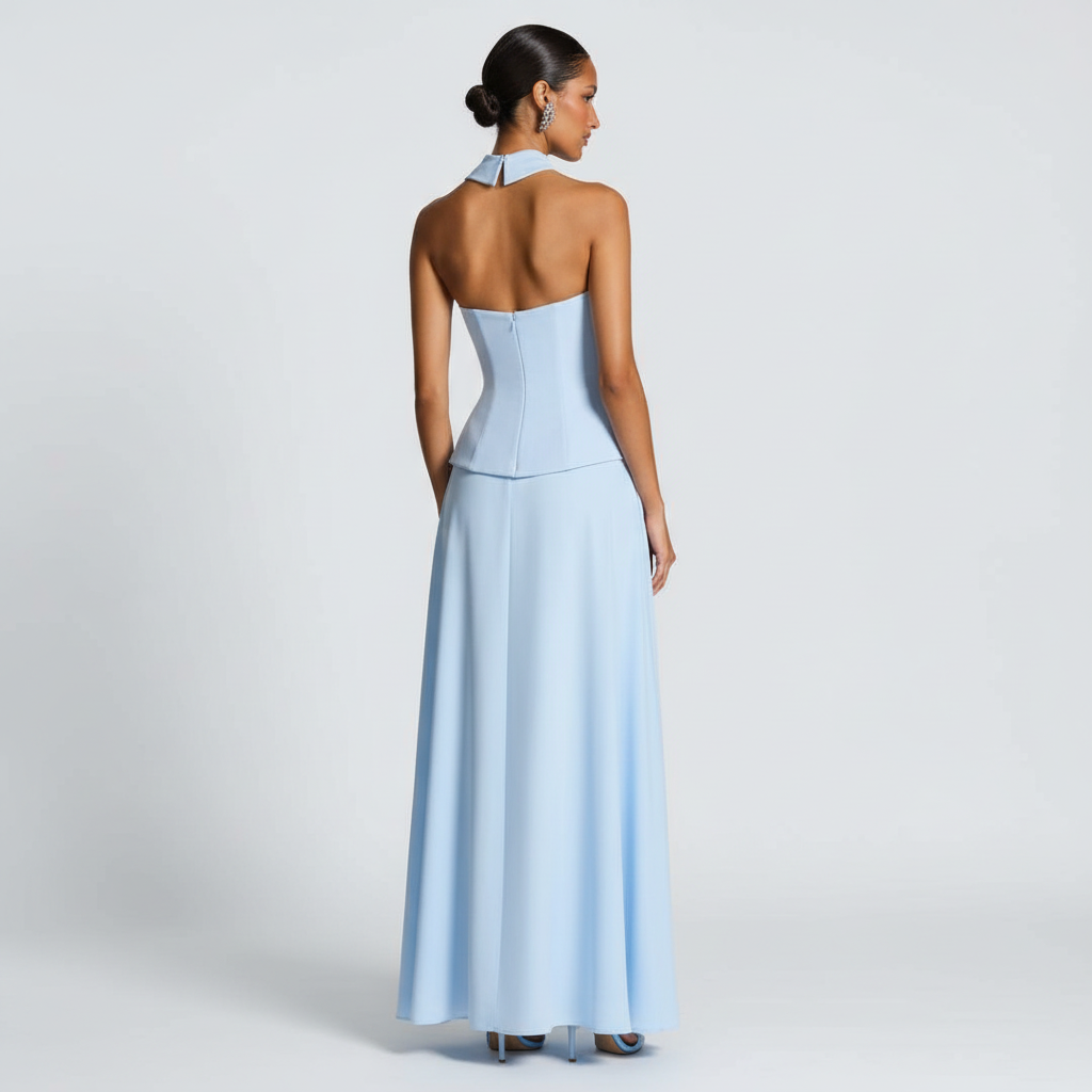 Back view - Light Blue Strapless Maxi Dress