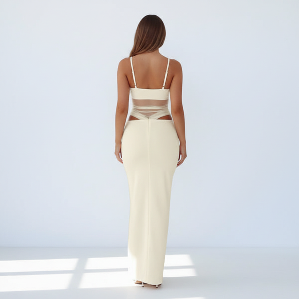 Back view - Mesh Spliced Bodycon Dress Apricot