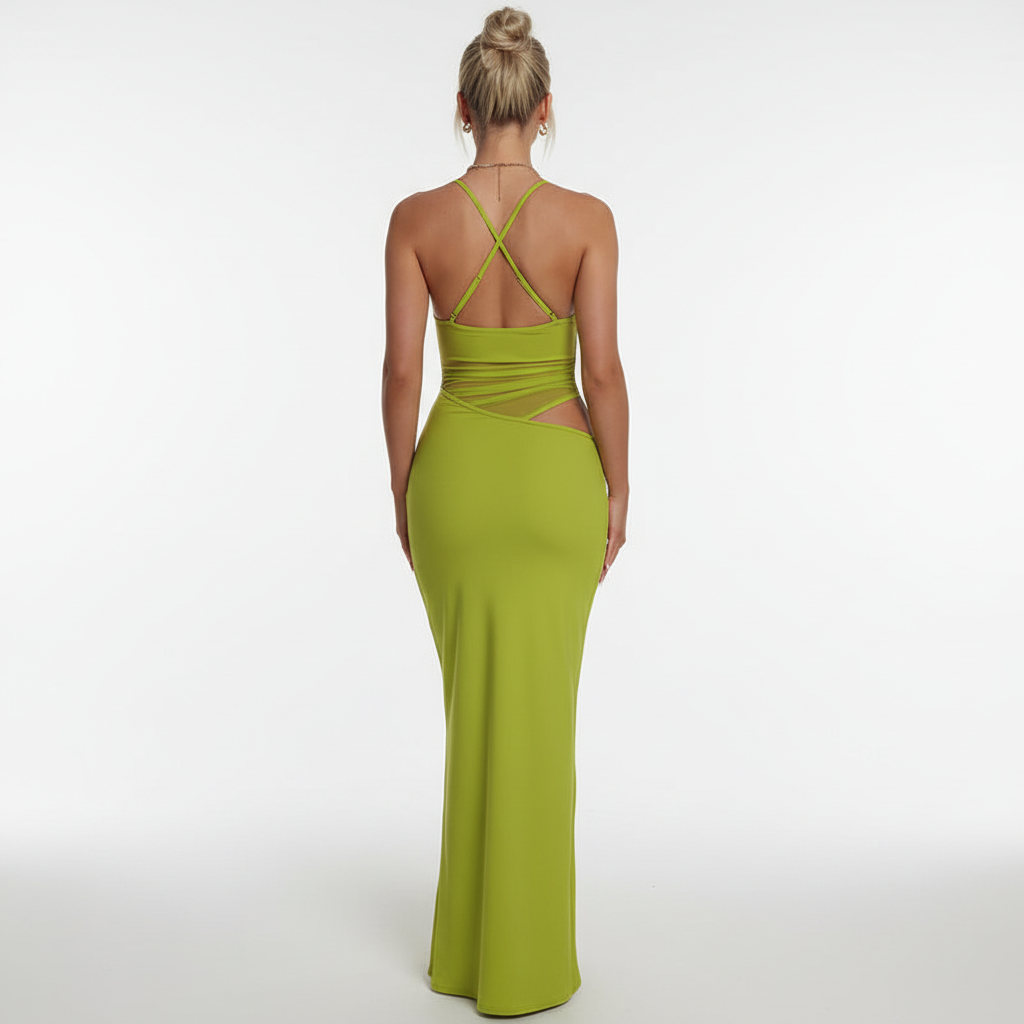Back view - Mesh Spliced Bodycon Dress Green