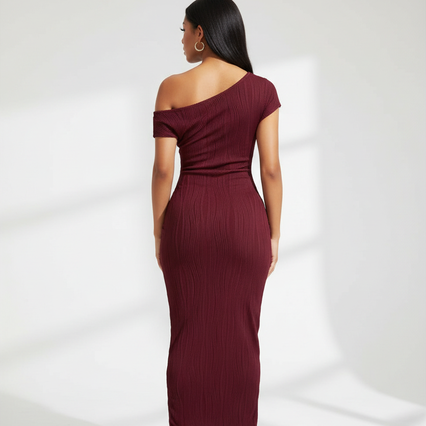 Back view - Off-Shoulder Water Ripple Maxi Dress Burgundy