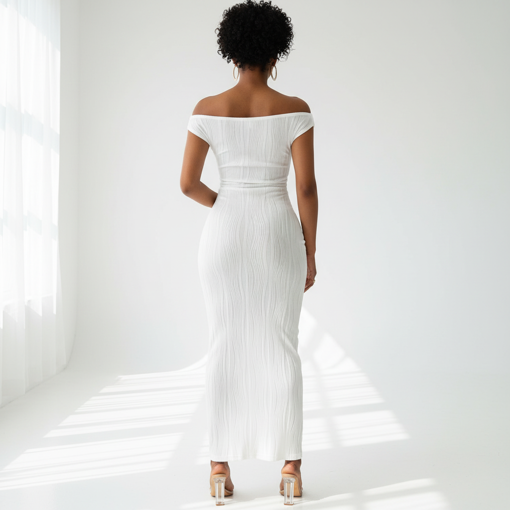 Back view - Off-Shoulder Water Ripple Maxi Dress White