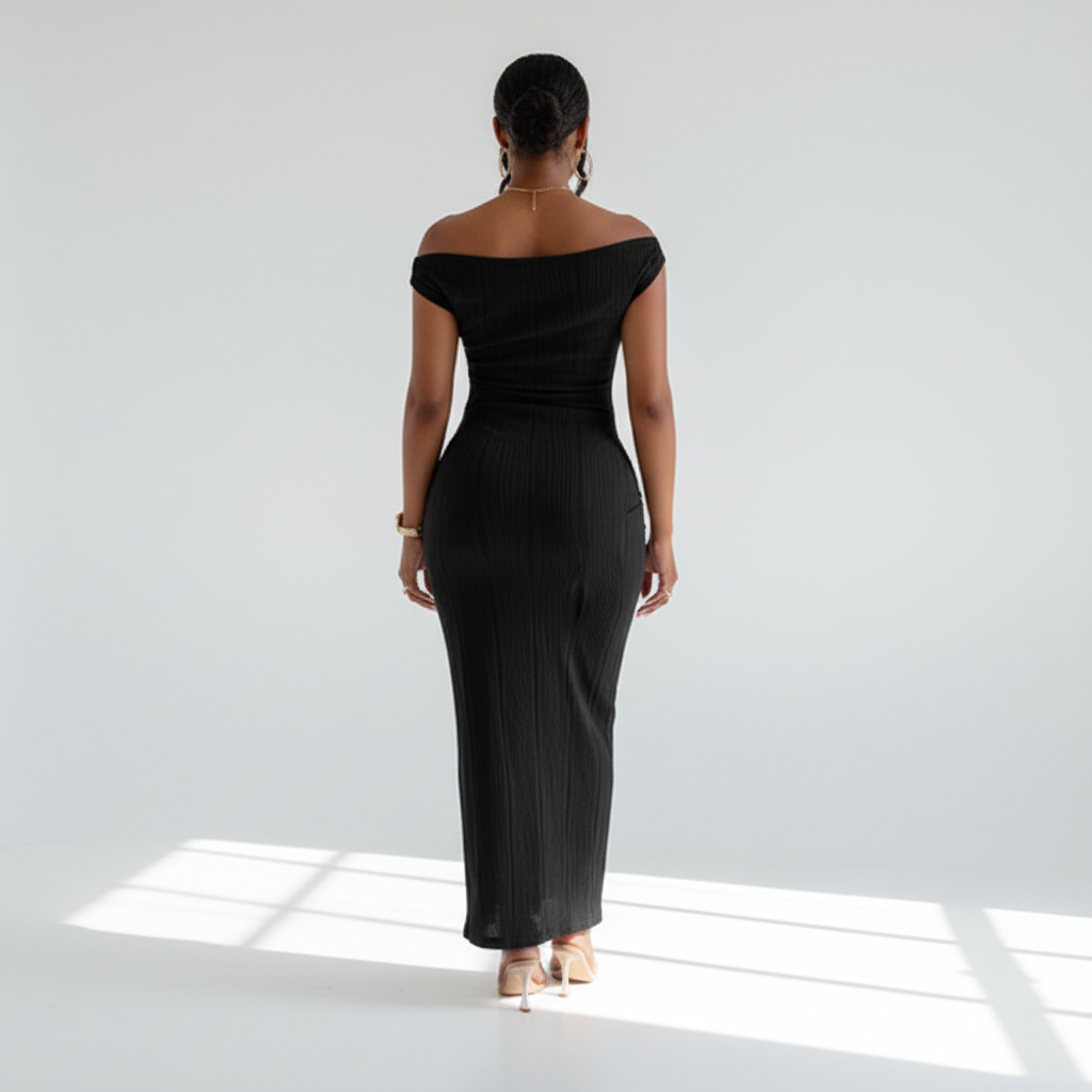 Back view - Off-Shoulder Water Ripple Maxi Dress