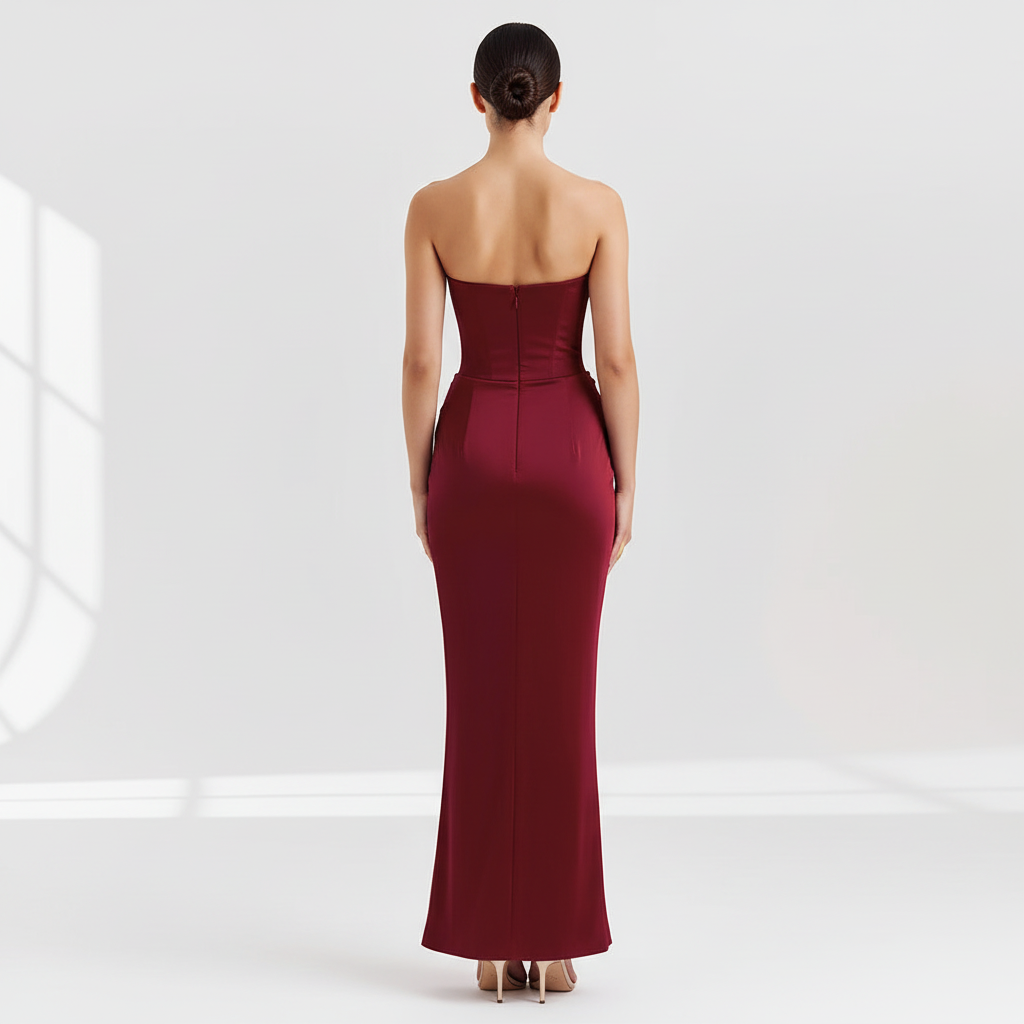 Back view - Pleated Tube Top Maxi Dress Burgundy