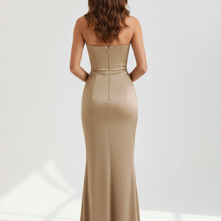 Back view - Pleated Tube Top Maxi Dress Khaki