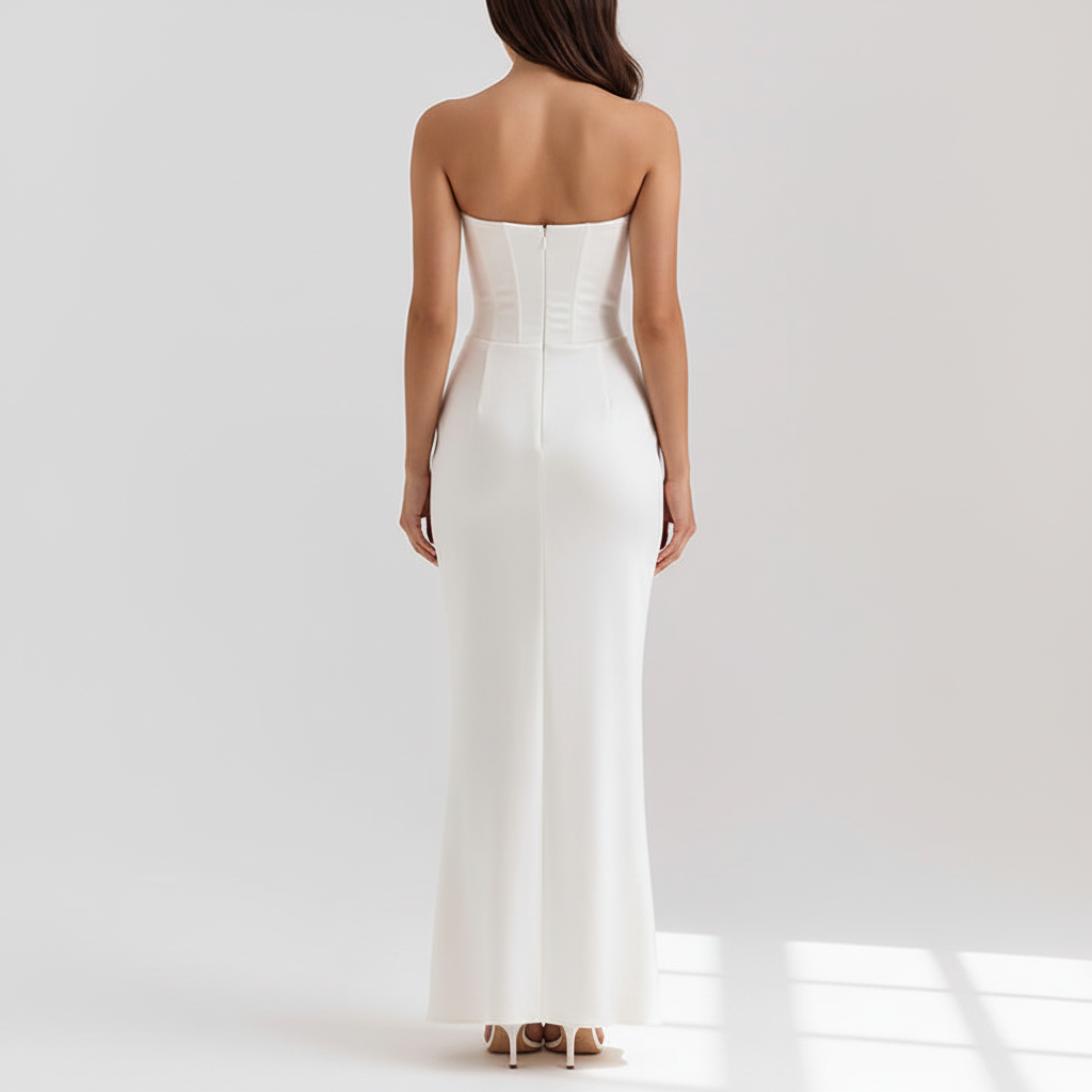 Back view - Pleated Tube Top Maxi Dress White