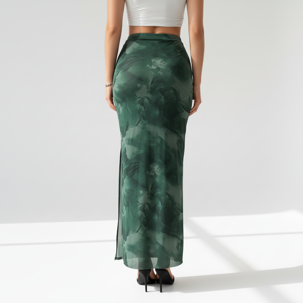 Back view - Printed Long Skirt with Side Slit