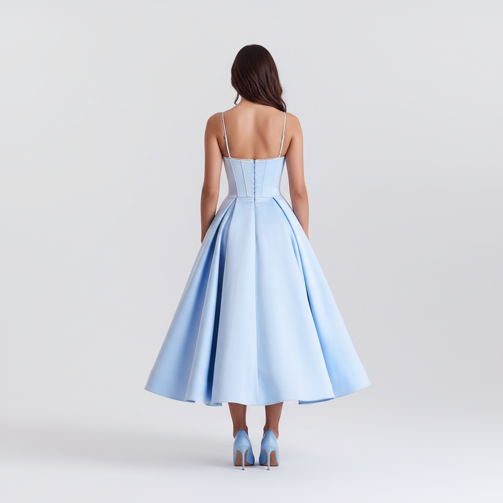 Back view - Sky Blue Satin Corset Dress