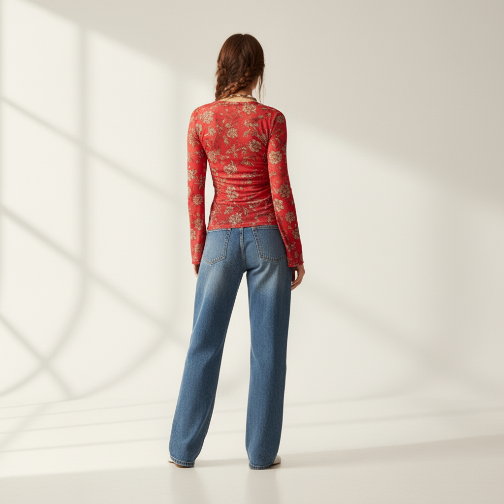 Back view - Slim Fit Floral V-Neck Shirt with Pleated Detailing