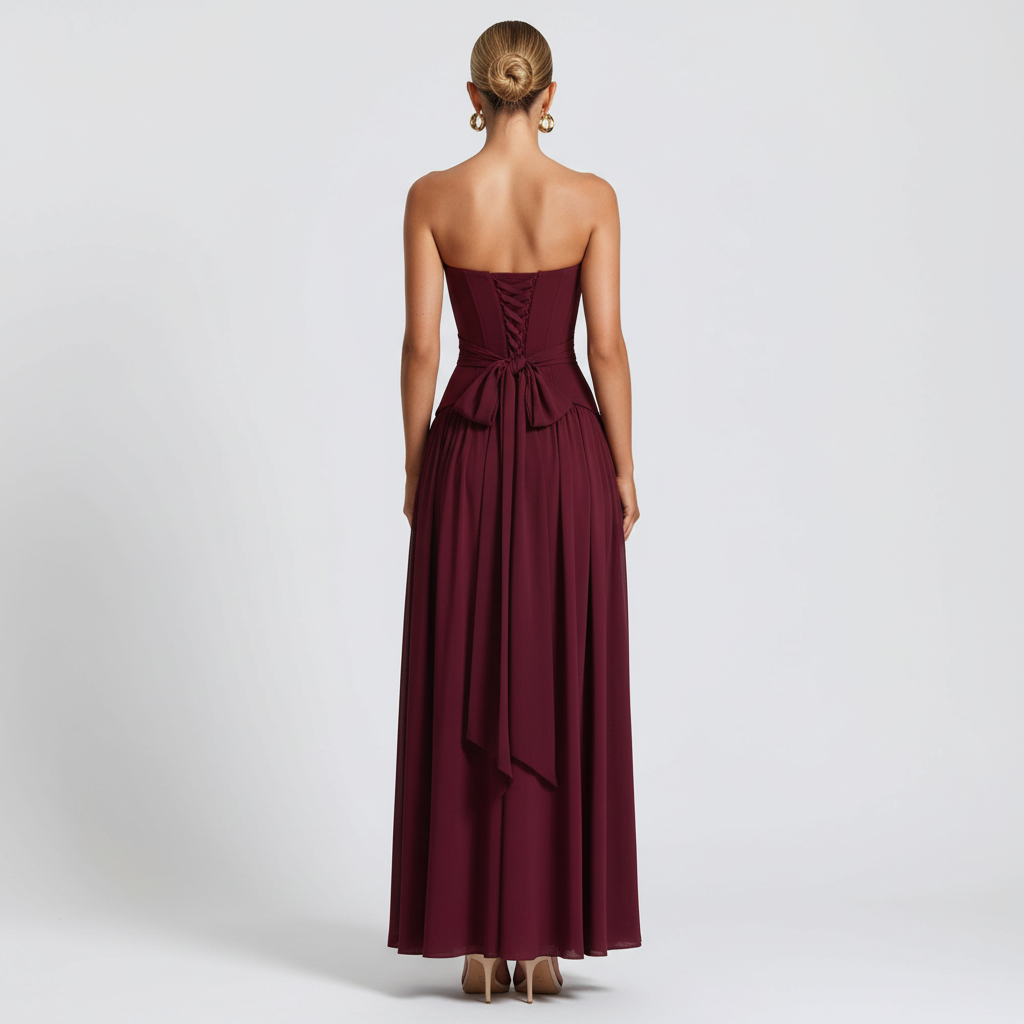 Back view - Strapless High Slit Maxi Dress Burgundy