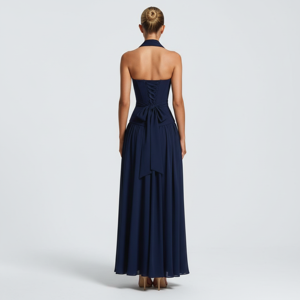 Back view - Strapless High Slit Maxi Dress Dark Blue