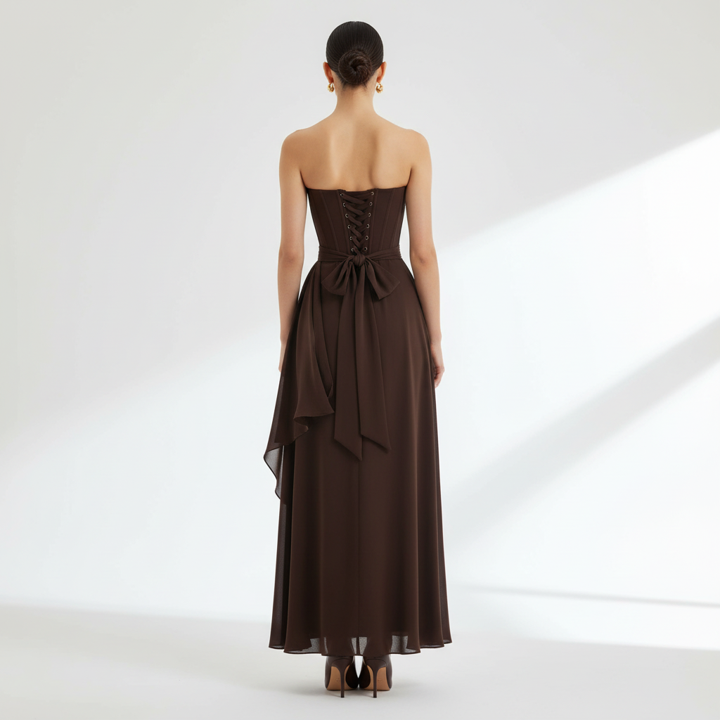 Back view - Strapless High Slit Maxi Dress Dark Brown