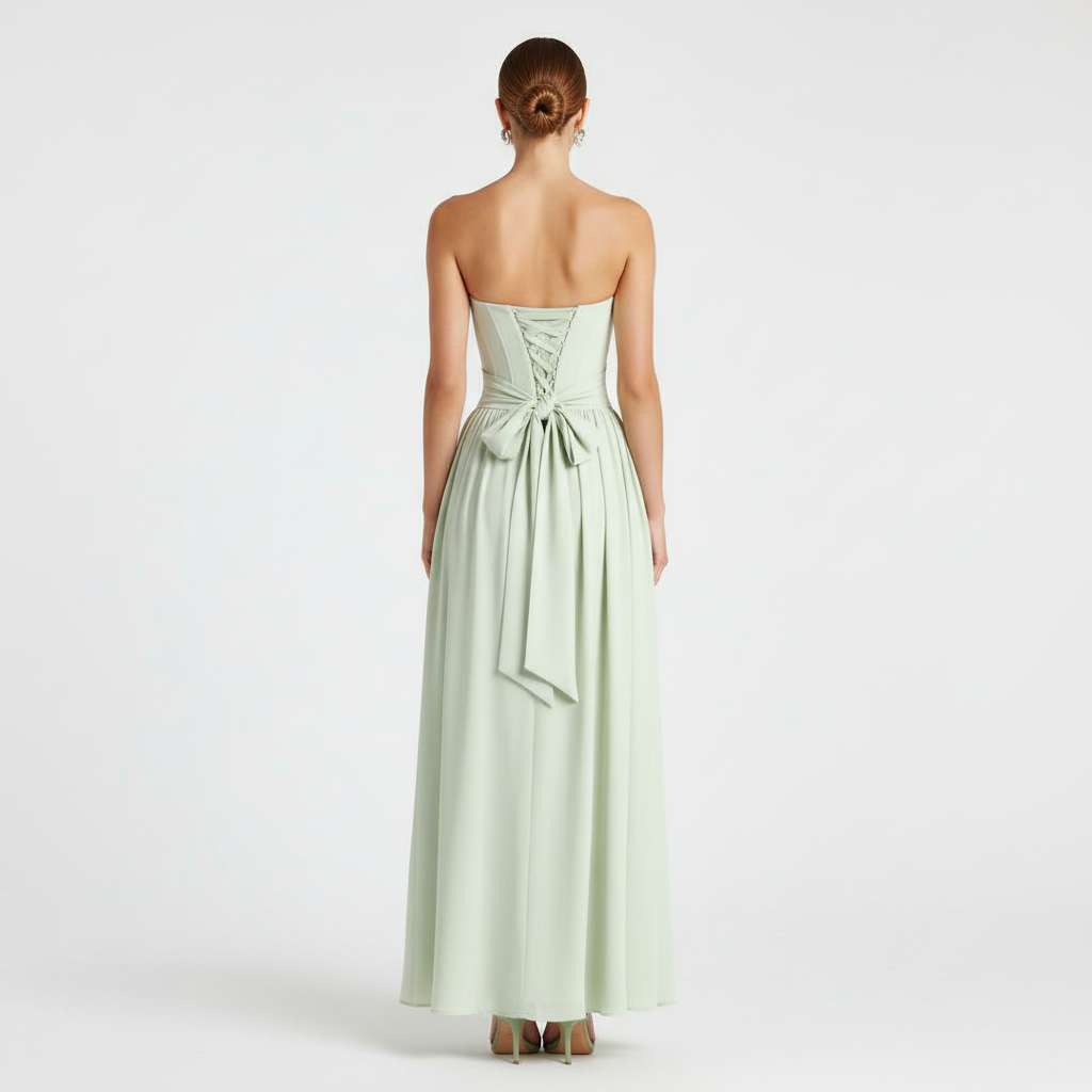 Back view - Strapless High Slit Maxi Dress Green
