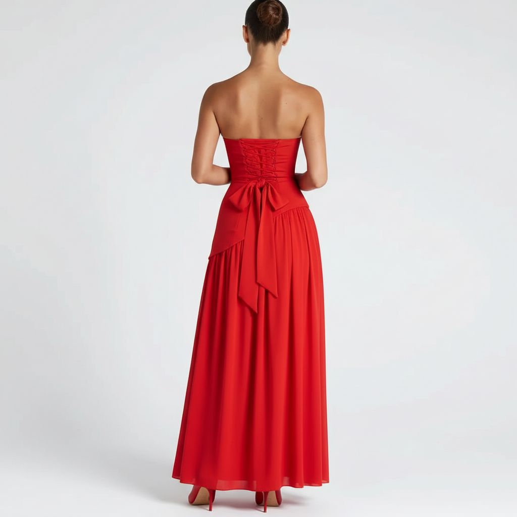 Back view - Strapless High Slit Maxi Dress Red