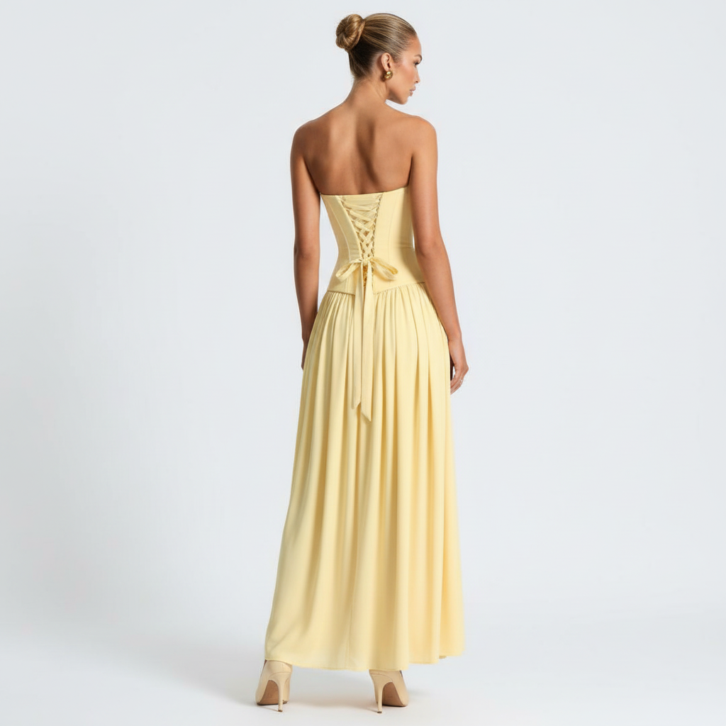 Back view - Strapless High Slit Maxi Dress Yellow