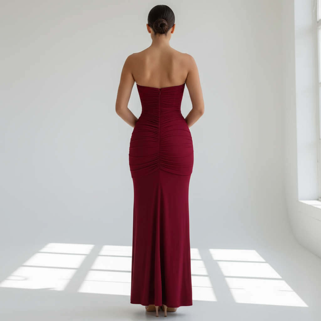 Back view - Strapless Slim-Fit Evening Dress Wine Red