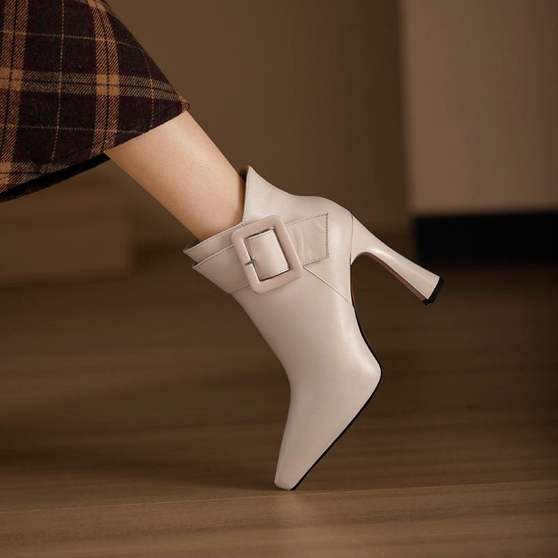 High-Heel Belt Buckle Side-Zipper Boots