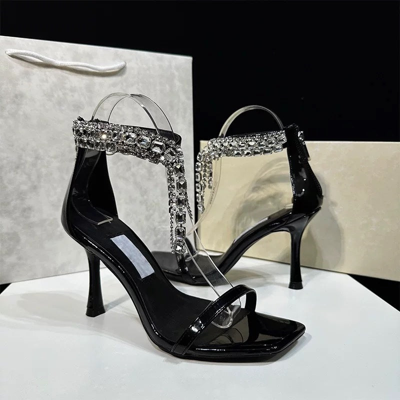 French-Style Rhinestone Open-Toe Stiletto Heels