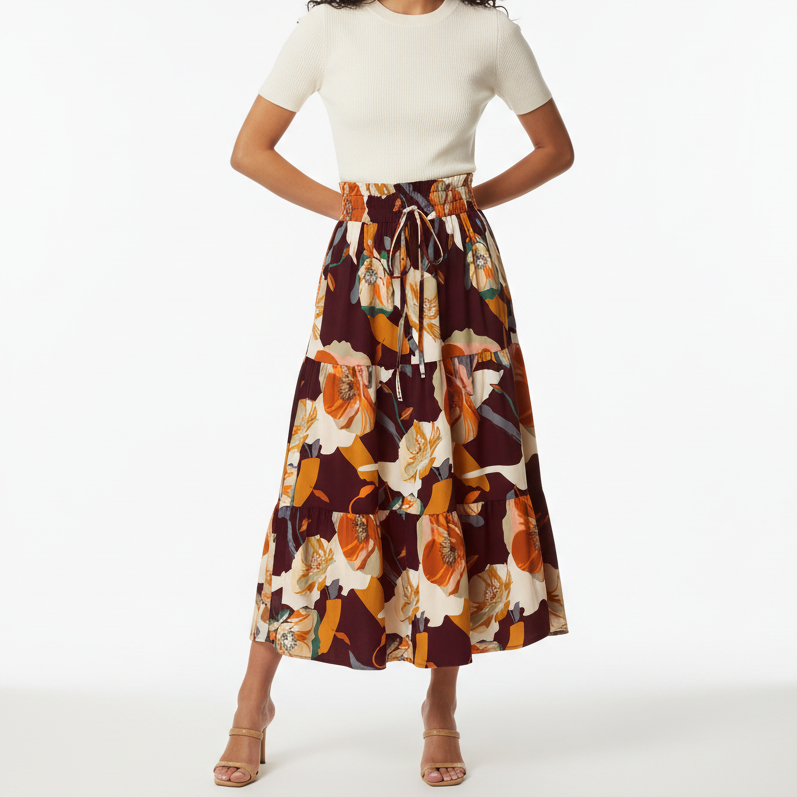 Burgundy Floral Skirt Front on Model