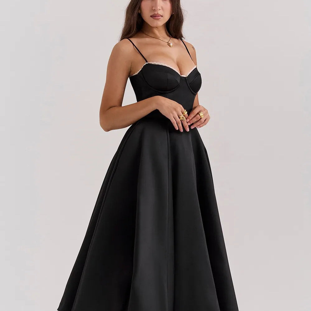 French-Inspired Satin Fishbone Corset Dress - Black