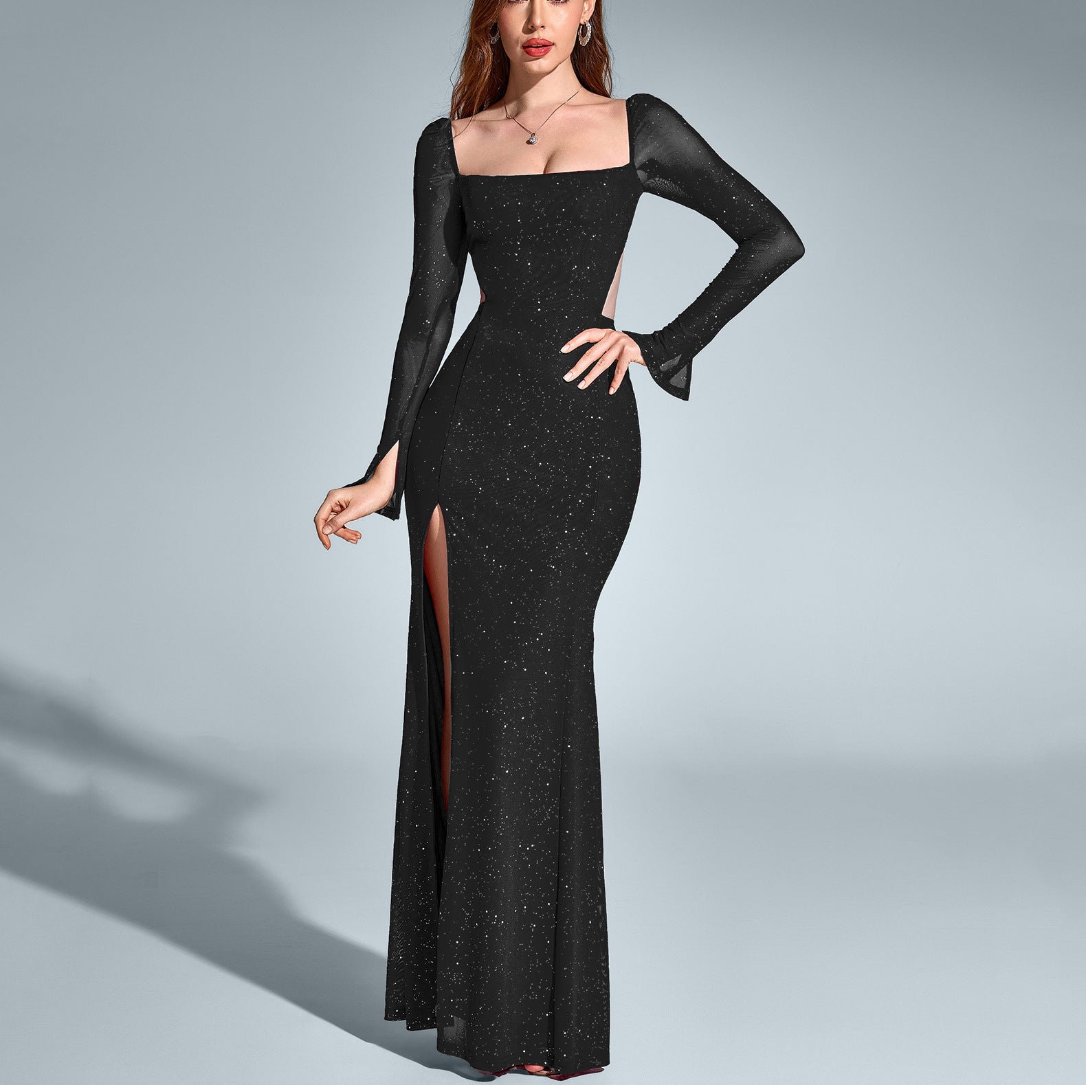 Backless High Split Mesh Maxi Dress – Black