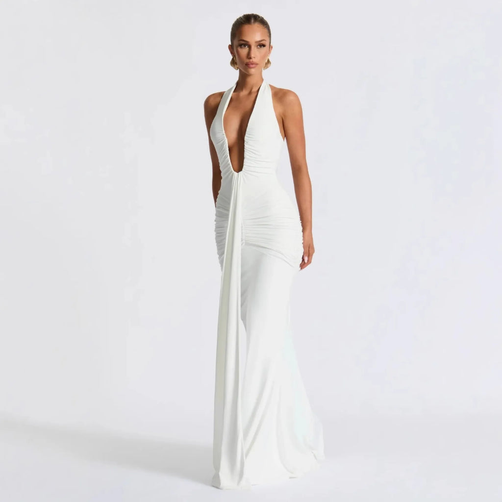 Halter Lace-Up Backless Maxi Dress - White