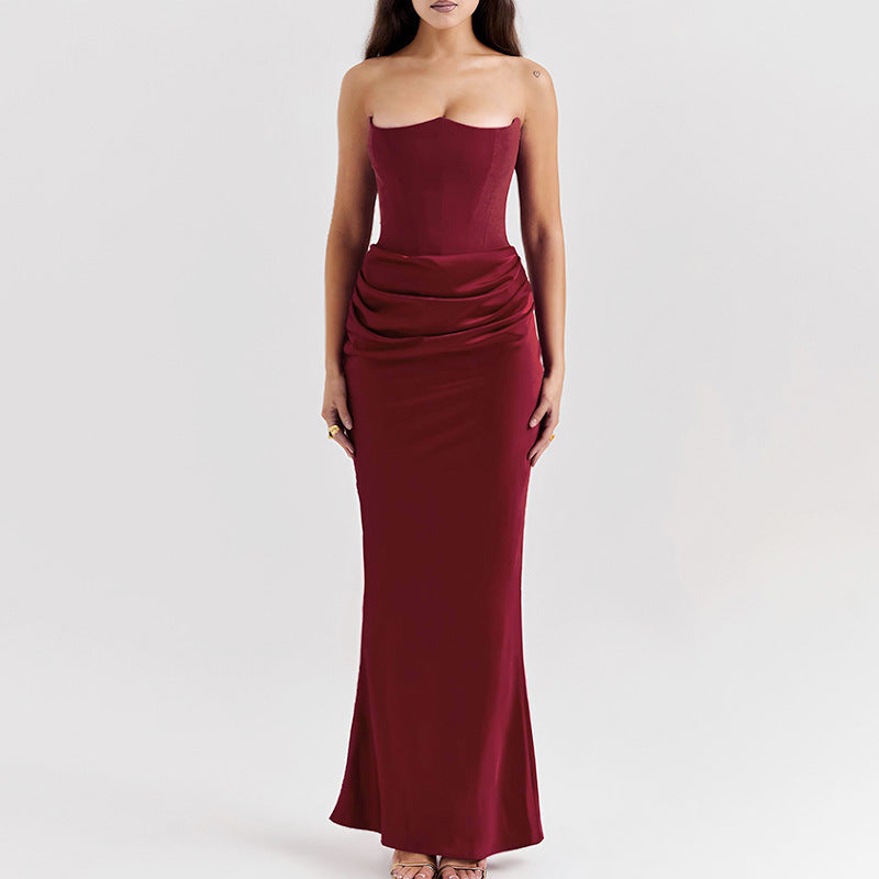 Pleated Tube Top Maxi Dress - Burgundy