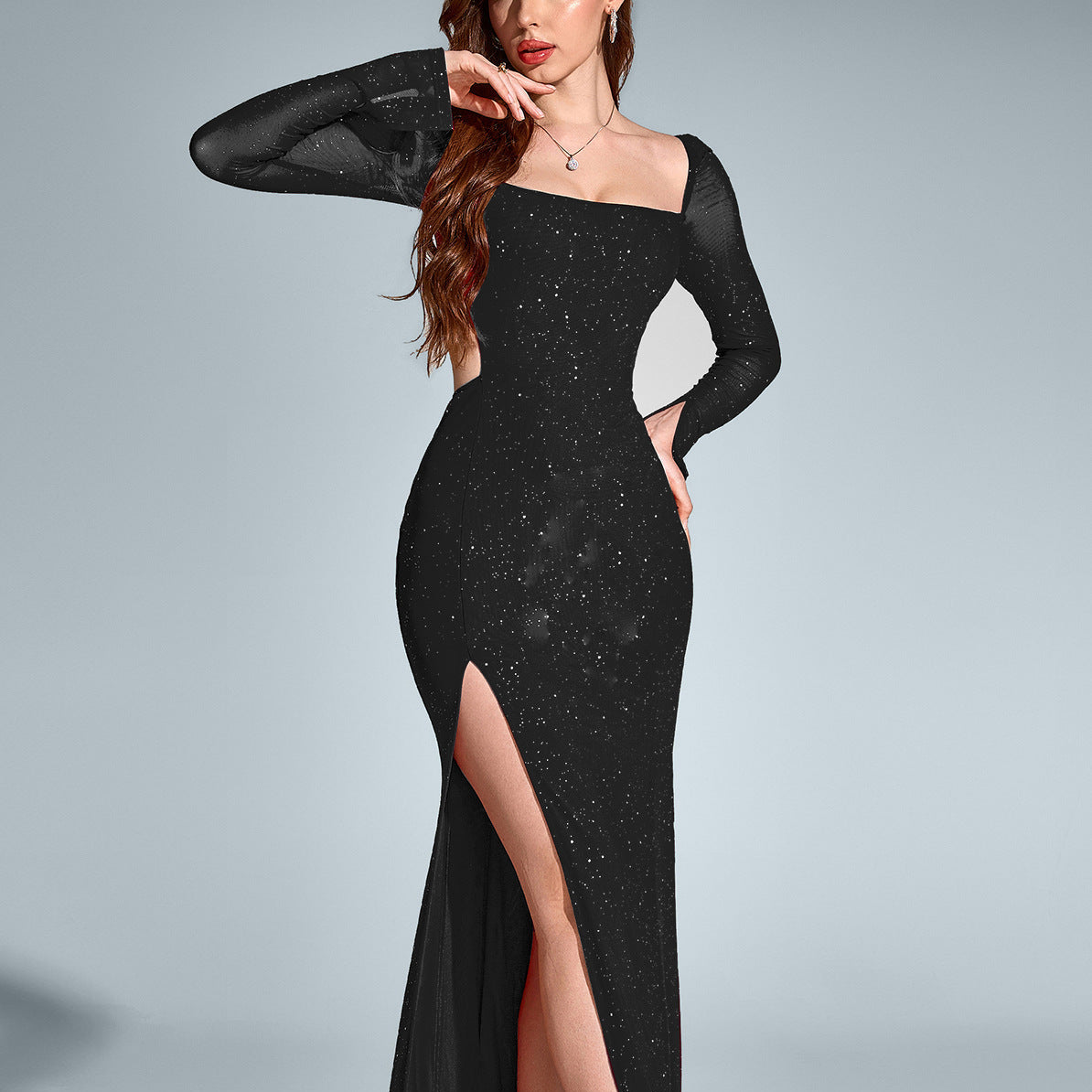 Backless High Split Mesh Maxi Dress – Black