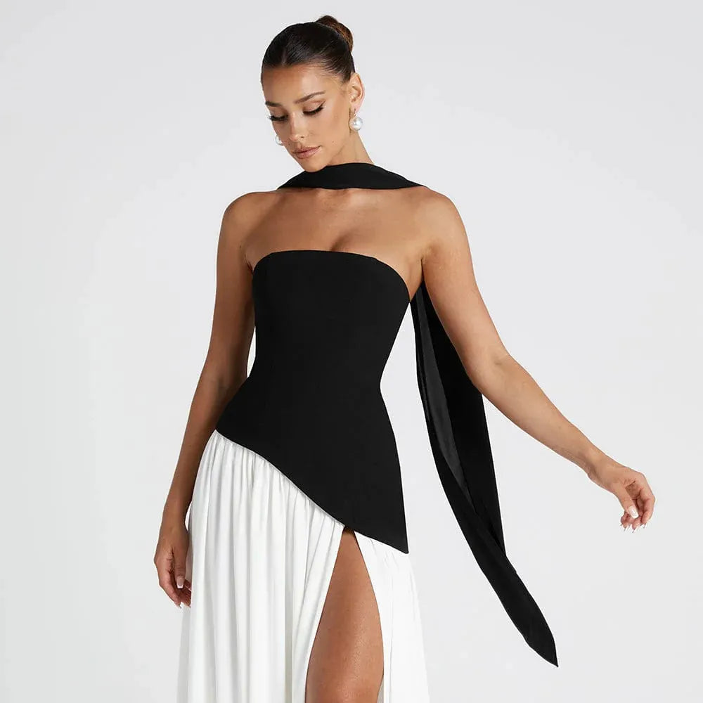 Strapless High Slit Maxi Dress - Black & White