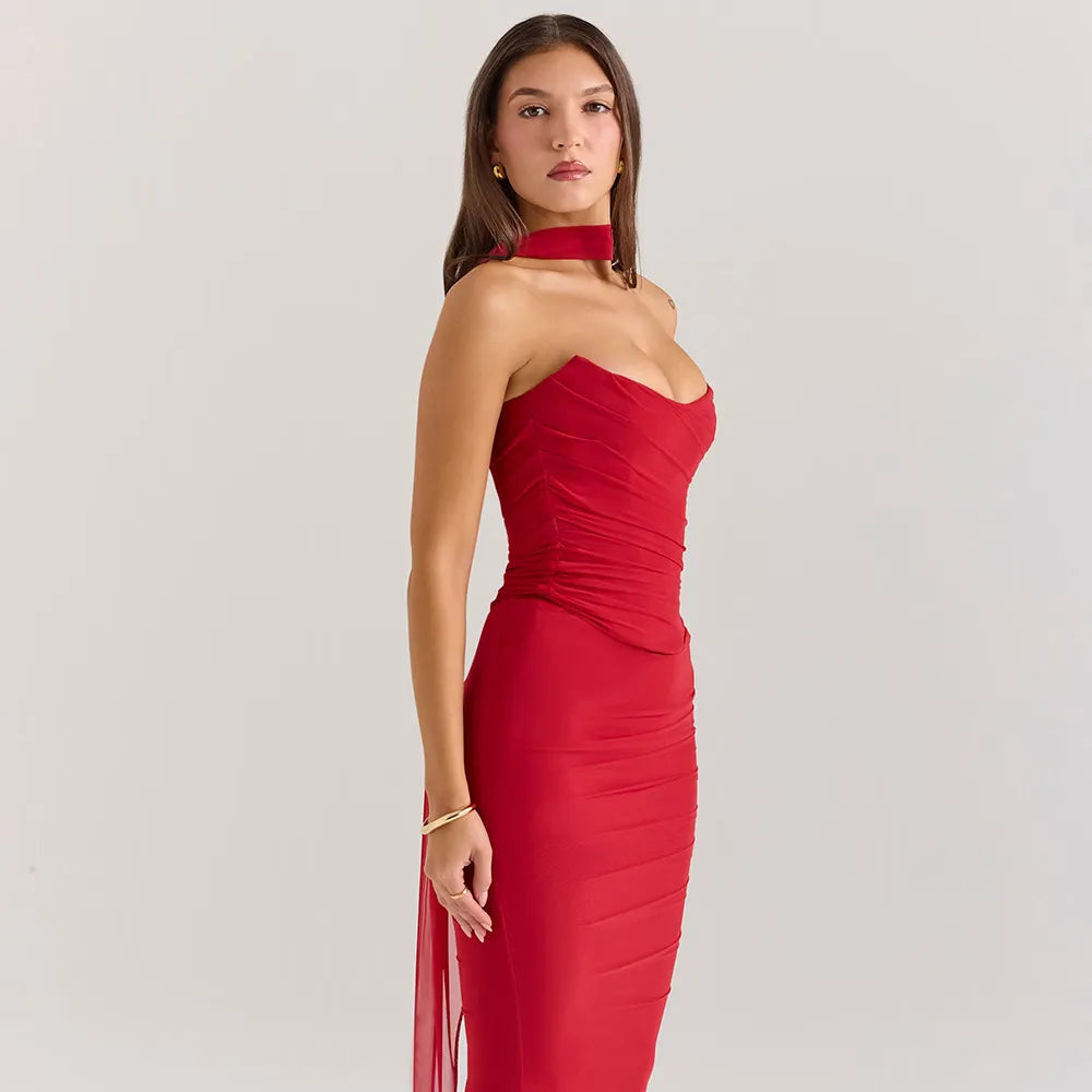 Tube Top & High-Waist Pencil Skirt Two-Piece Set - Red