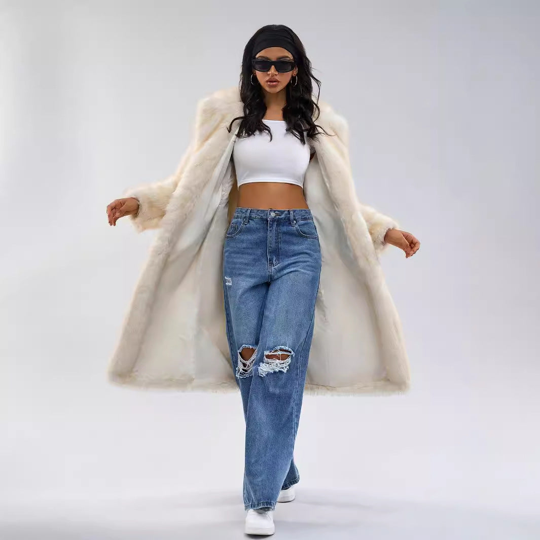 Long Scarf Collar Winter Coat – White