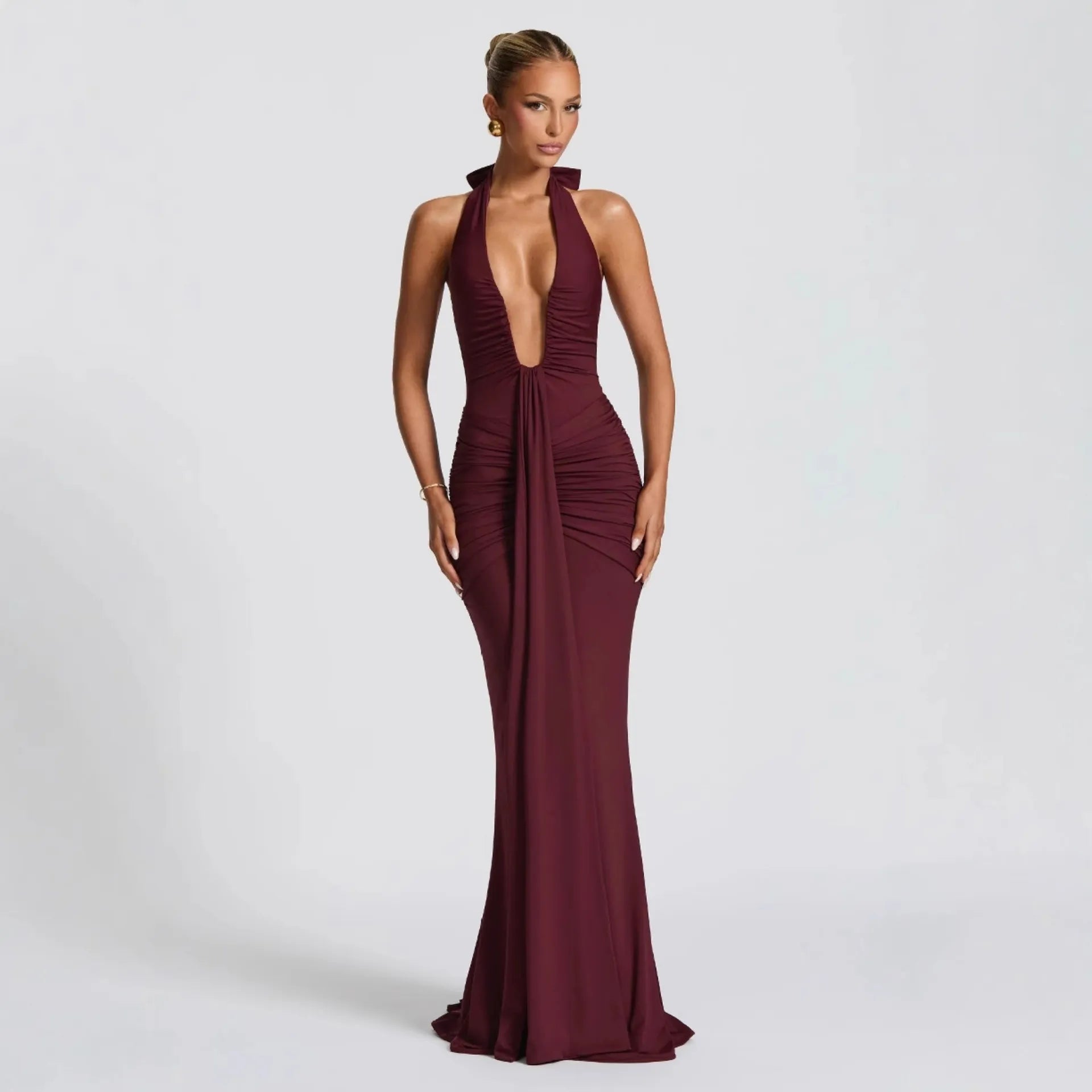 Halter Lace-Up Backless Maxi Dress - Burgundy