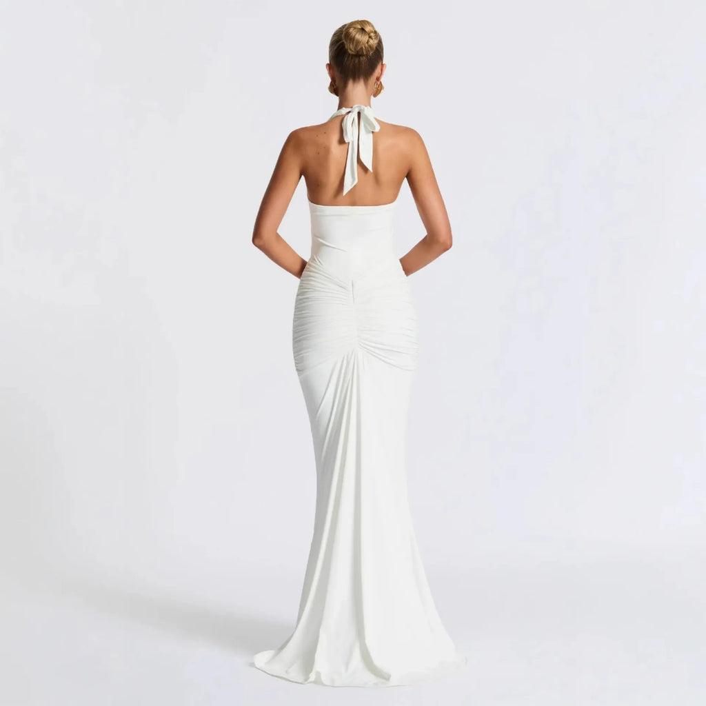 Halter Lace-Up Backless Maxi Dress - White