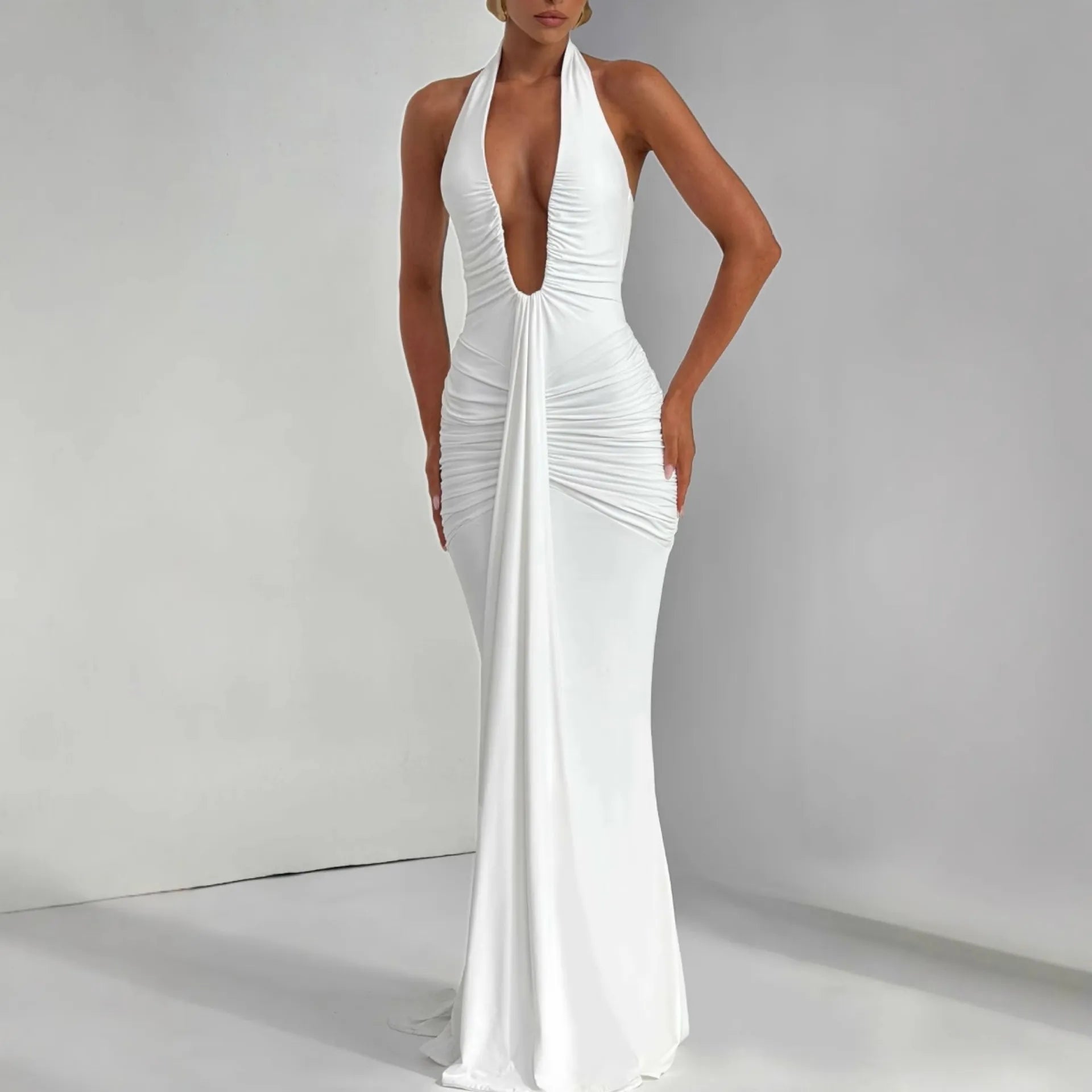 Halter Lace-Up Backless Maxi Dress - White