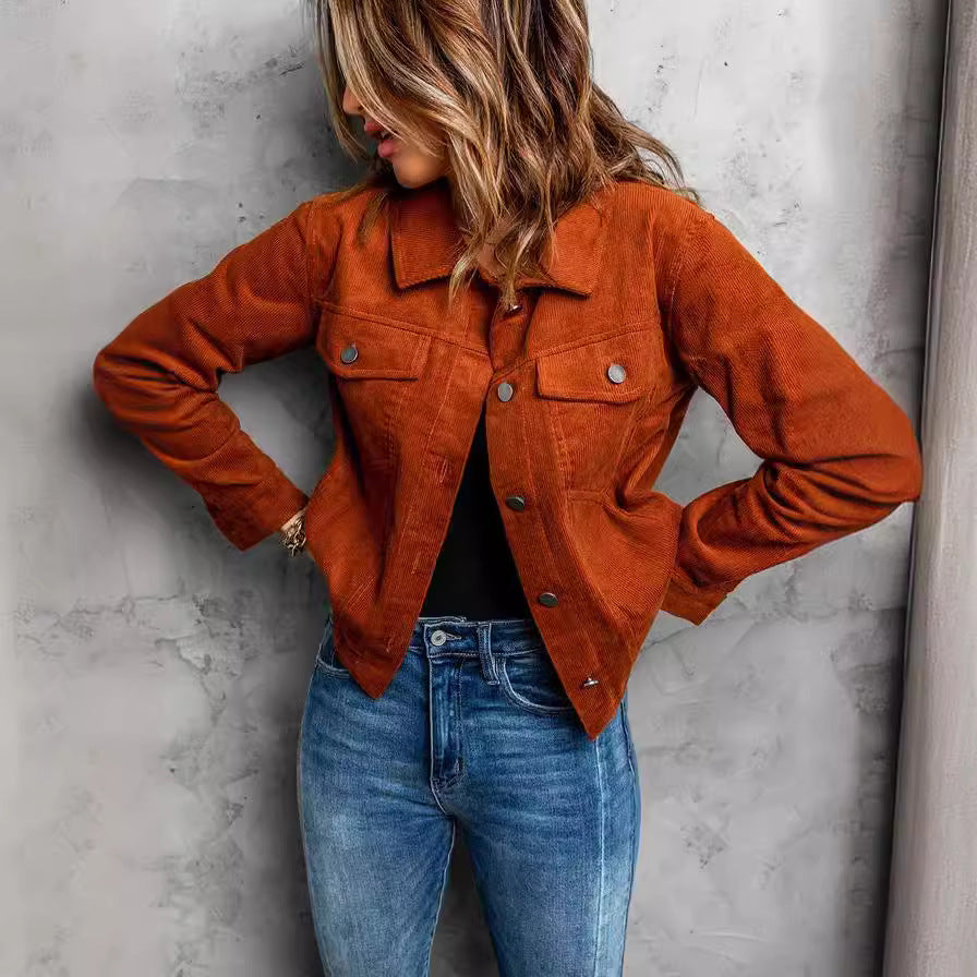 Slim-Fit Denim Jacket with Lapel Collar – Orange