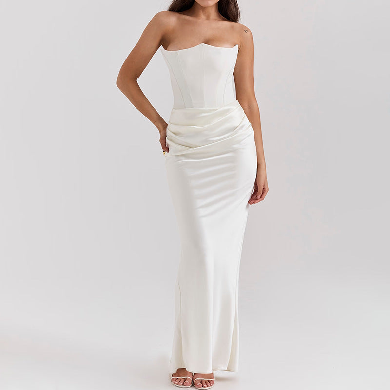 Pleated Tube Top Maxi Dress - White