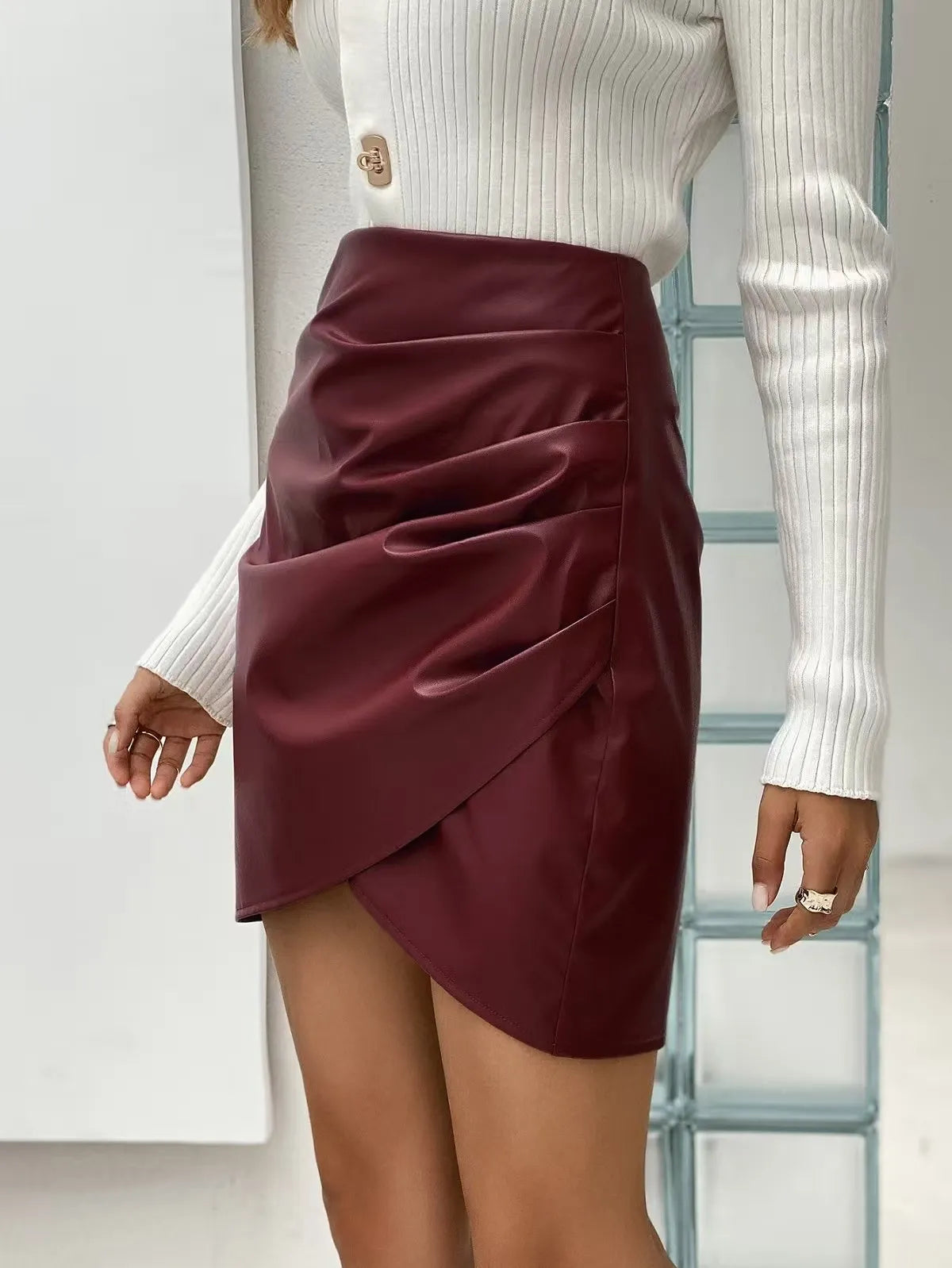 Leather Mini Skirt - Wine Red